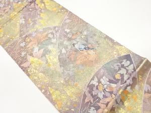 地紙に草花・鳥模様織出し袋帯